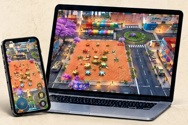 Aflan's town on a phone and a laptop.